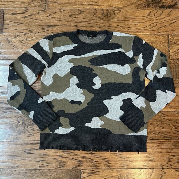 Fate Camo Sweater Women’s Size Small Distressed Crew Neck Pullover Green Gray - Picture 9 of 12